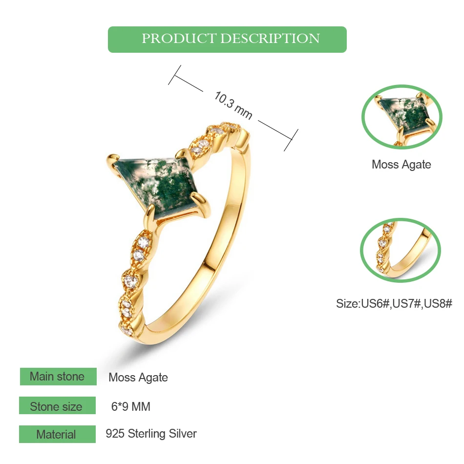 WES 100% 925 Sterling Silver Natural 6*9mm Moss Agate Rings For Woman Party Christmas Gift Anniversary Certified Fine Jewelry