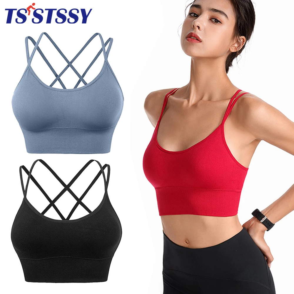 Women Strappy Sports Bra for Women,Cross Back Sports Bra Padded Yoga Bra Back Support Workout Bra Black Strappy Bra