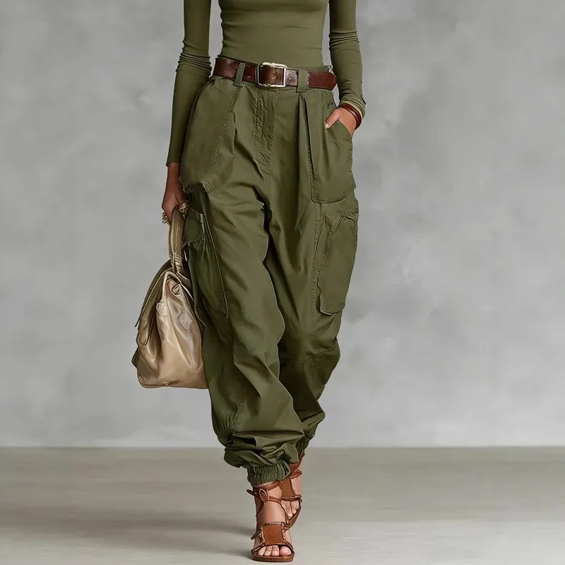 Vintage Casual Loose Multi Pocket Work Pants Vacation Solid Color Sports Pants Women Temperament with Ankle Cuffs Sweatshirt