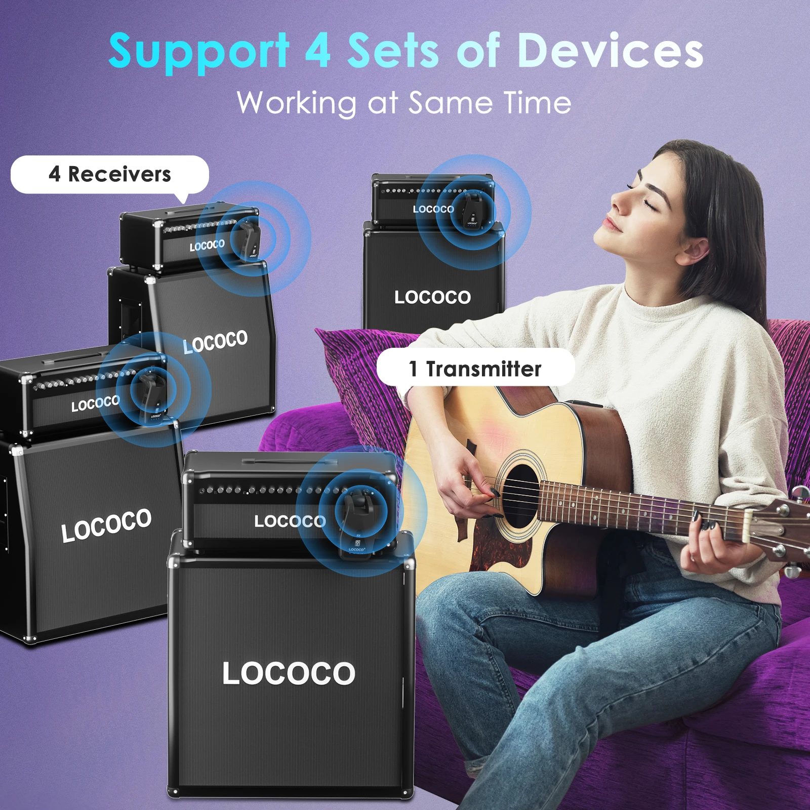 XIAOKOA 무선 기타 시스템, UHF 4 채널 무선 기타 송신기 및 리시버, 일렉트릭 기타 베이스 앰프용