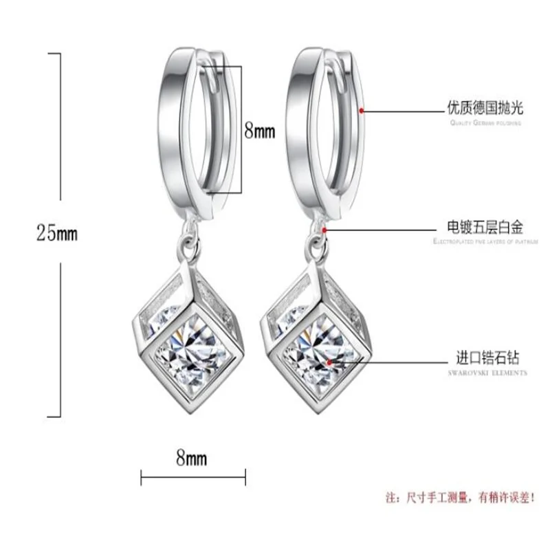 925 Sterling Silver Earrings Zircon Crystal Rubik's Cube Love