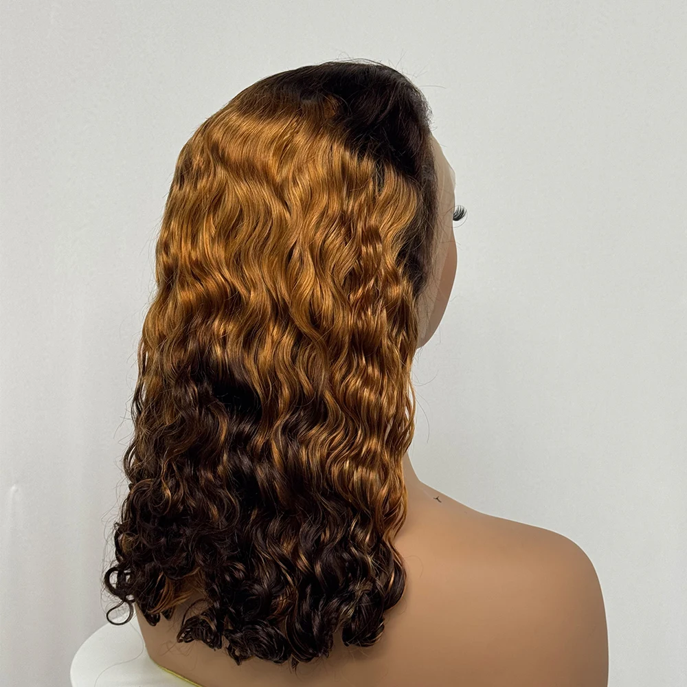 220% Density Water Wave Curly Human Hair Wig Ombre Bob Human Hair Wig 13x4 Transparent Lace Front Wig for Black Women