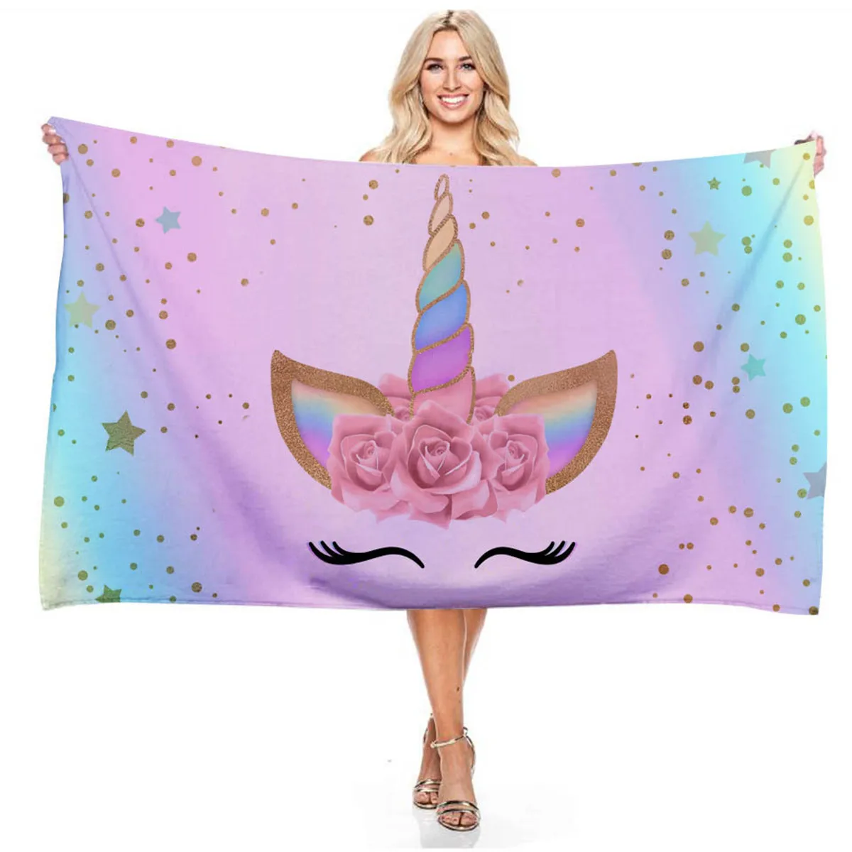 Cartoon Gradient Flower Unicorn 3D Digital Print Rectangular Beach Towel for Boys and Girls Outdoor Swimming Bibulous Bath Towel bath towels