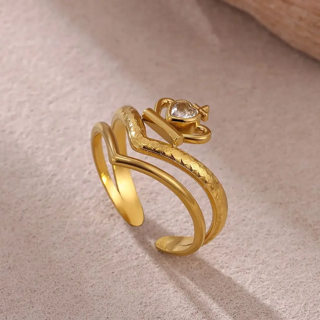 Zircon Crown & Heart Rings for Women Gold Color Stainless Steel