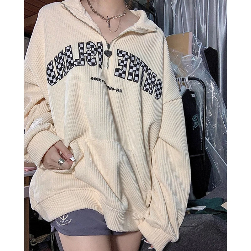 

Women Corduroy Zipper Turn-down Collar Sweatshirt Lapel Sweater Korean Preppy Lady Loose Long Sleeve Tops Autumn Winter Clothes