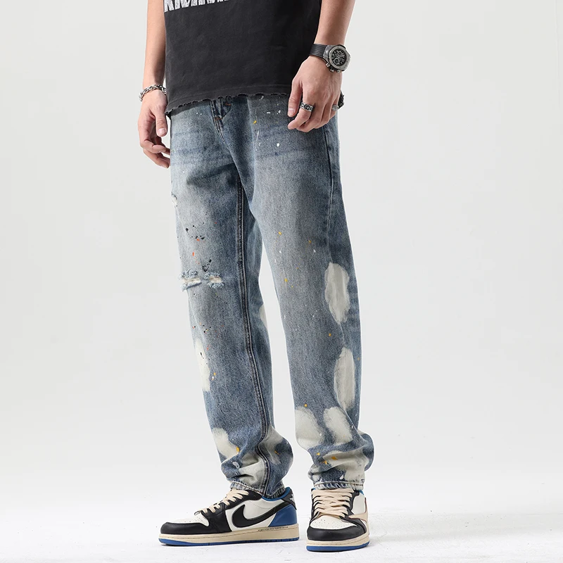 CUMUKKIYP Mens Jeans Blue Autumn Baggy Loose Fit Ripped Splatter Paint Distressed Straight Leg Casual Mainland China