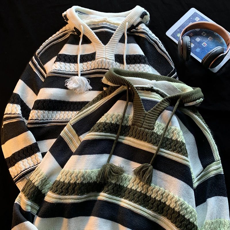 

Мужской осенне-зимний мягкий теплый вязаный свитер в полоску, классические пуловеры с капюшоном и длинным рукавом, мужские Модные повседневные топы D12