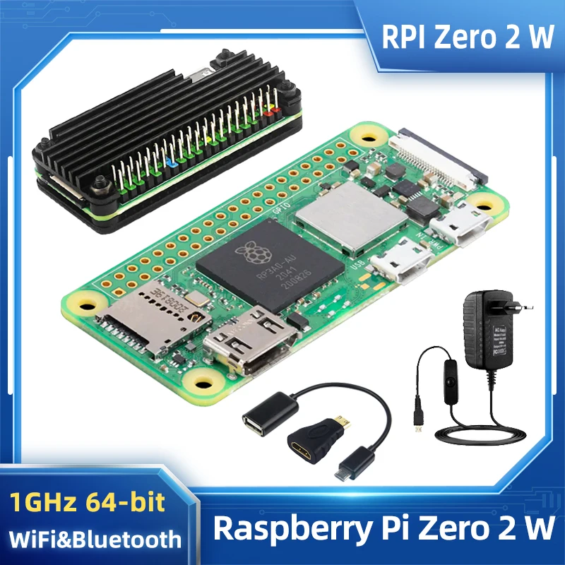 라즈베리 파이 제로 2 W 쿼드 코어 64 비트 Cortex-A53 블루투스 BLE 및 와이파이, 파이 제로 2 파이 0 옵션 케이스, 전원 공급 장치 방열판 