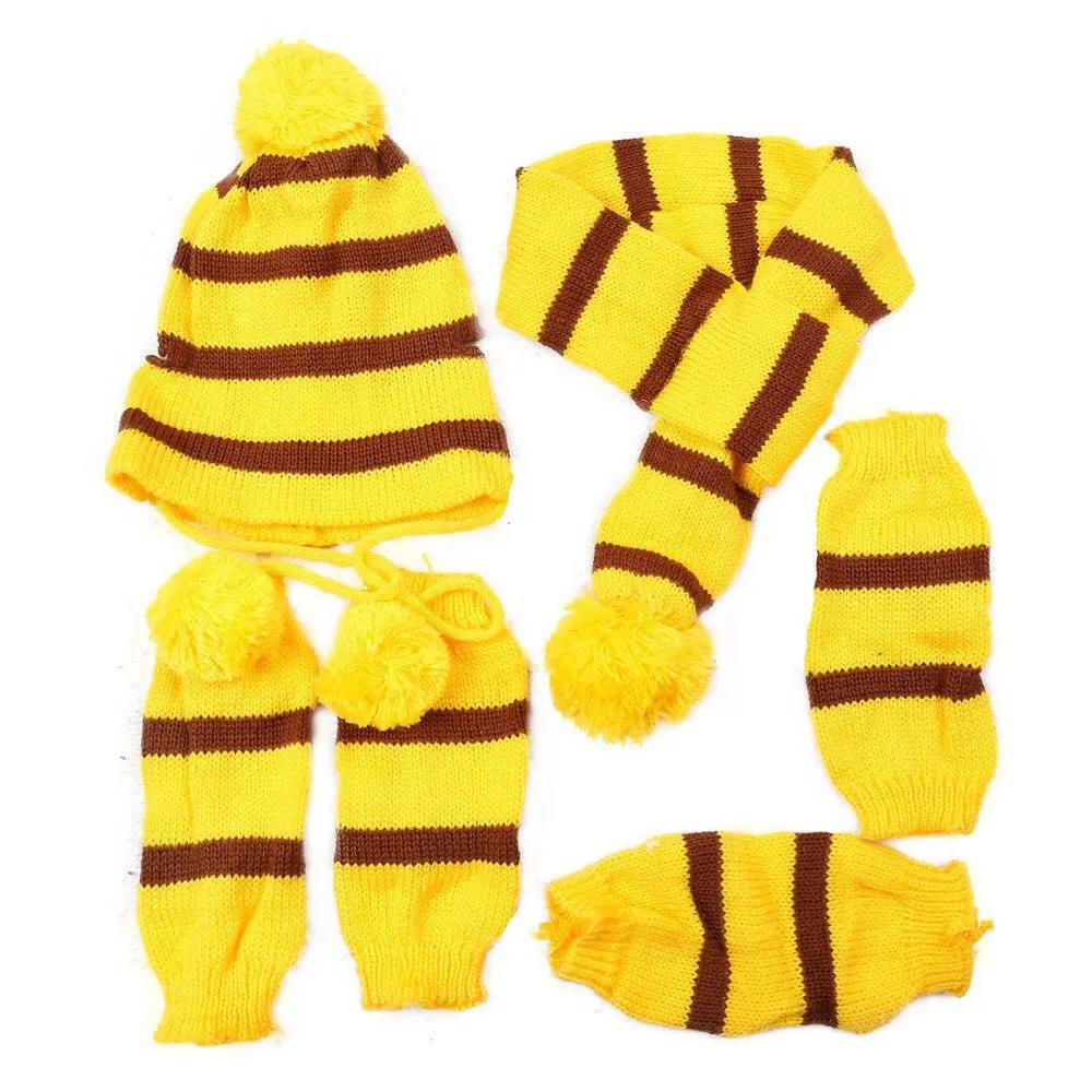 Rainbow Stripe Knitted Dog Scarf Winter Warm Hat Footwear Sloves 1 Set(hat + scarf + leg Warmers) Pet Clothes Accessories dog costume set