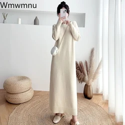 Casual Straight Sweater Dresses Solid Chic Long Sleeve Knitted Long Dress Women Korean Fashion Round Neck Pullover Maxi Vestidos