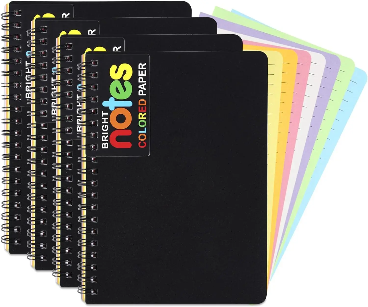 Spiral Notebook Set - 5x7 Inch, Black Cover, Multicolor Pages, 200-Page Count