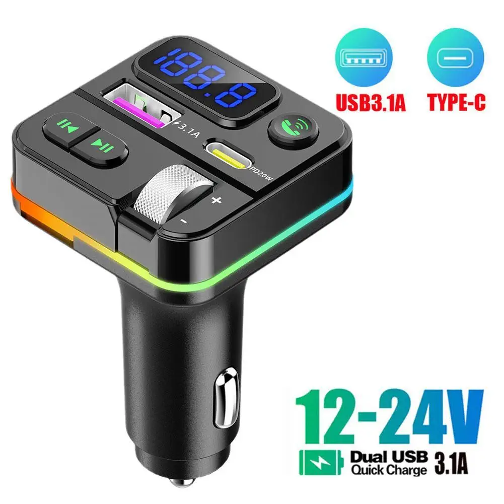 

Car Bluetooth 5.0 FM Transmitter PD Type-C Dual USB 3.1A Fast Charger Colorful Ambient Light Handsfree MP3 Modulator Player