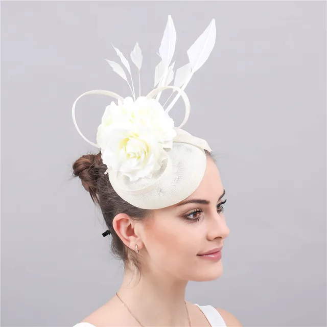 Elegant Peach Wedding Headwear Imitation Sinamay Women Fascinator Hat Feather Bride Hair Accessories Vintage Headdress For Lady 2