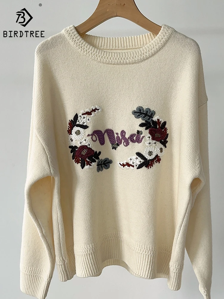 

Пуловер из 100% шерсти с круглым вырезом и вышивкой во французском стиле; Свободный удобный свитер для причастия; Сезон осень-зима; T3N651QD