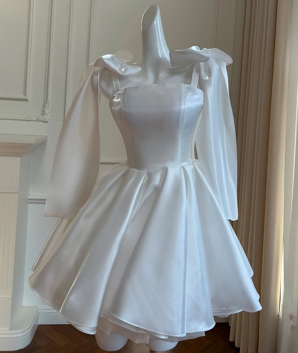 White Satin Bow Spaghetti Straps Cocktail Dress Detail 3