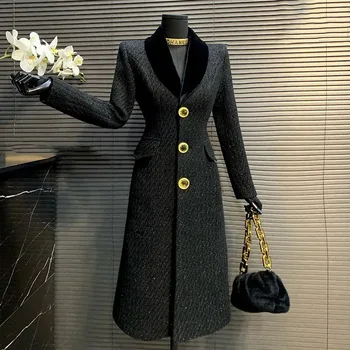 Cappotto di lana da donna di alta qualità stile coreano 2025 Nuovo cappotto di lana da donna sottile di media lunghezza autunno e inverno temperamento nero H497 1
