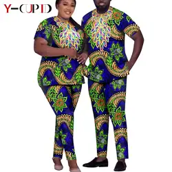 Bazin African Women Print Top and Pants Sets Matching Couple Clothes Dashiki Men Outfits Summer Appliques Outwear Attire Y23C025