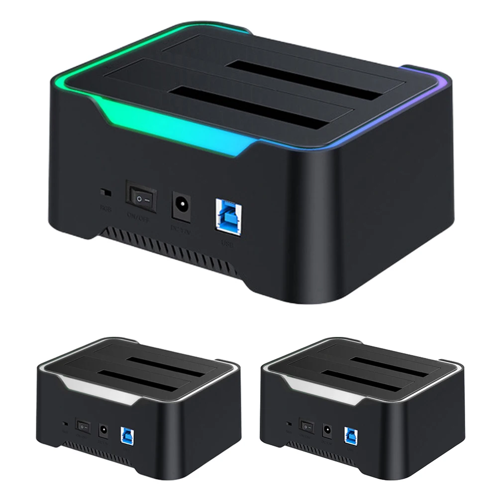 듀얼 베이 SSD 도킹 스테이션, 모바일 하드 드라이브 복사 상자 베이스 HDD 인클로저, SATA 하드 디스크용, 12V 3A 전원 어댑터, 2.5 인치, 3.5 인치
