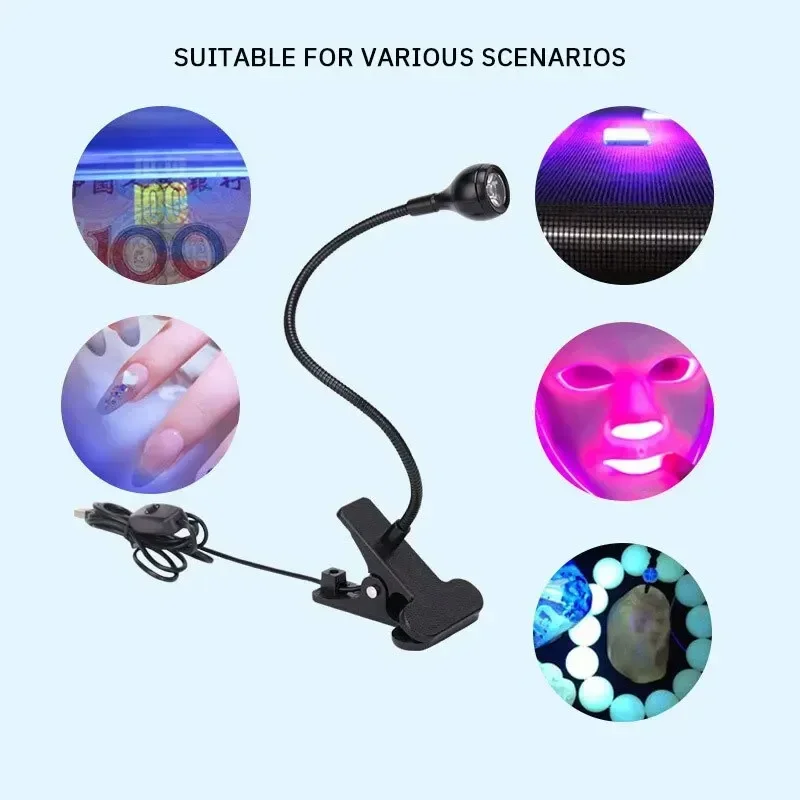 LED Desk Night Light Goose Neck Nail Art Lamp UV Curing Purple Light Lamp USB Clip Lamp, Dormitory Light Nails Travel masajeador 6