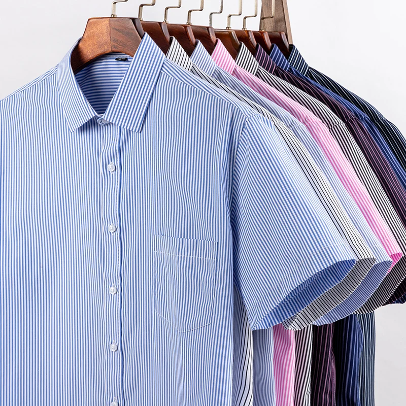 

Short Sleeve Men Dress Shirts 2023 Summer New Solid Plain Striped Shirt Male Twill Business Regular Fit Oversized Tops Clothes