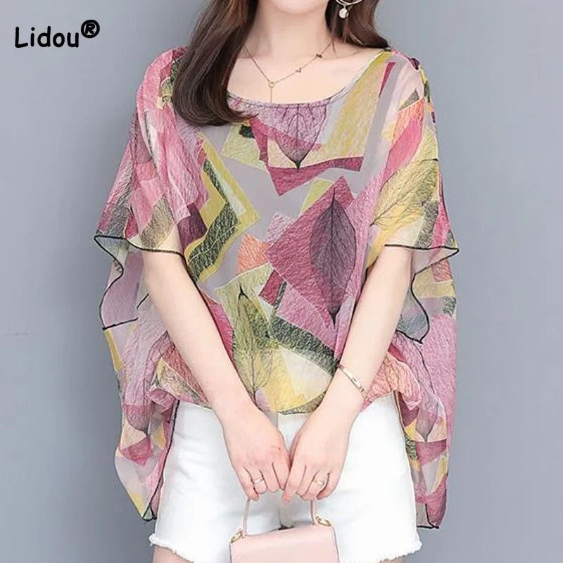 

Summer Casual Fashion Batwing Sleeve Loose Chiffon T-shirt Korean Round Neck Floral Printed Tops Summer Women's Clothing 2023