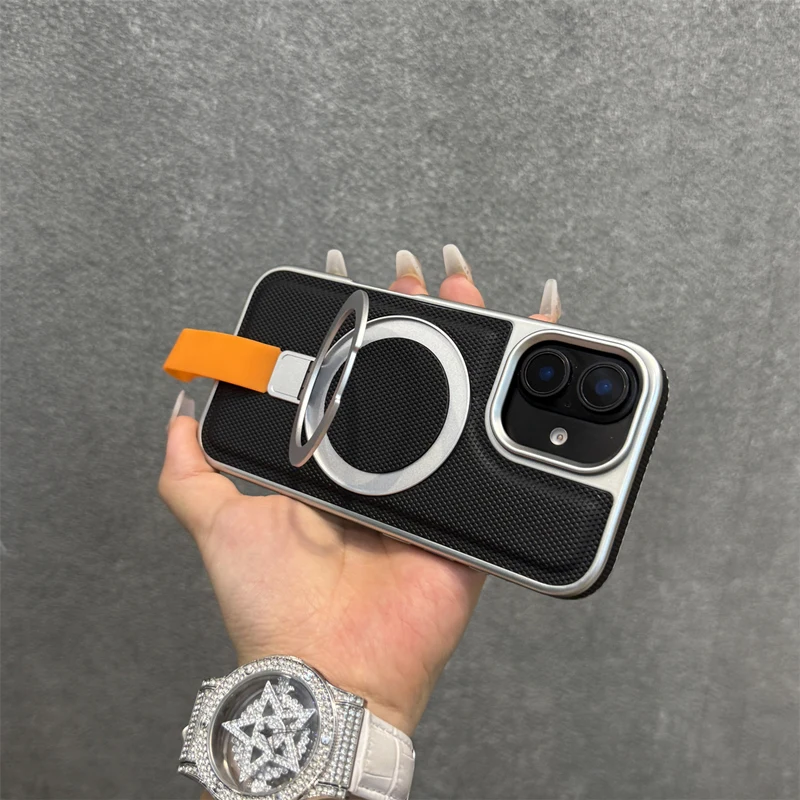 Luxury Electroplated Metal Ring Holder Phone Case with Wireless Charging Compatibility