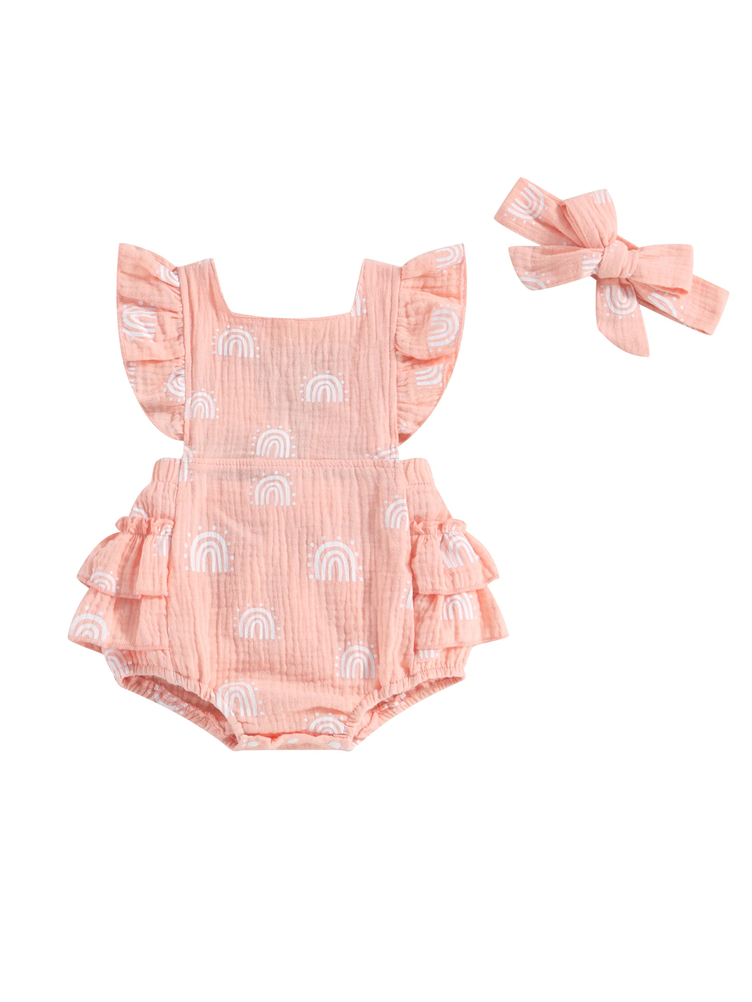

Newborn Baby Girl Summer Clothes Boho Rainbow Fly Sleeve Ruffles Tie-Up Romper Backless Jumpsuits Bodysuits With Headband