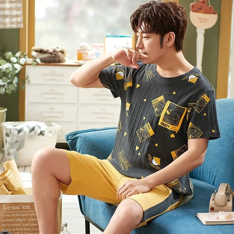 Pajamas Men's Summer Cotton Short Sleeve Shorts Casual Simple Loose Large  Round Neck Wear Home Suit