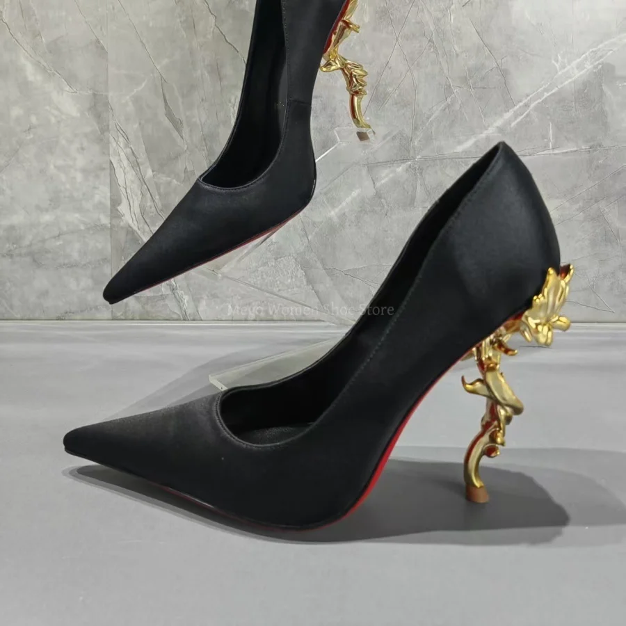 Golden Shaped High Heel Single Shoes Women Black Silk Shallow Mouth Pumps Handmade Brand Design, image size:900x900
