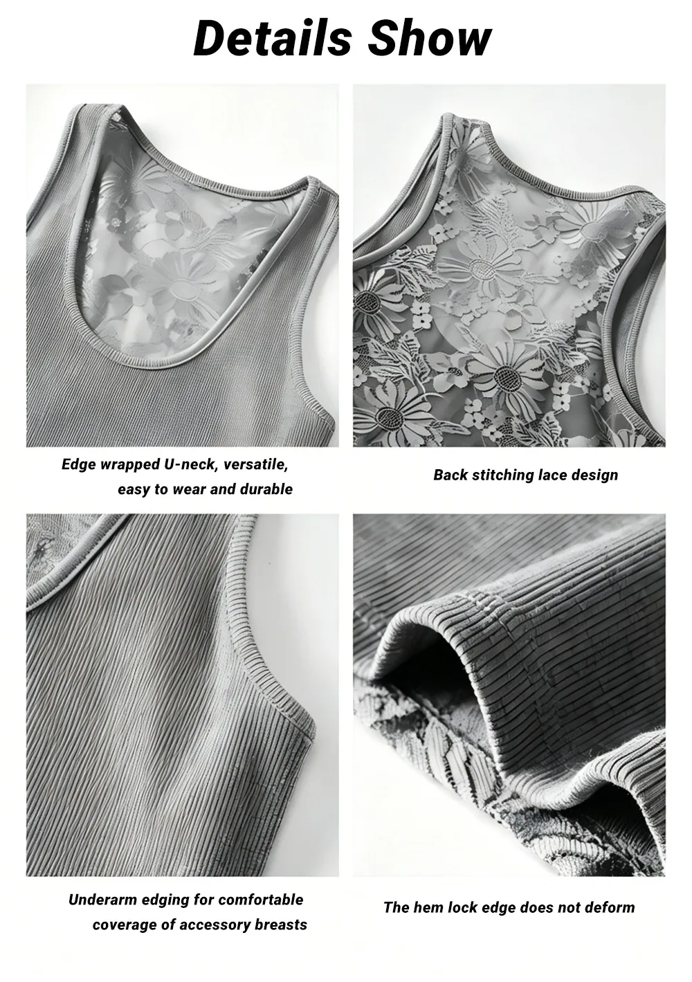 Damen Einfarbiges Spitzen-Top im Koreanischen Stil, Sommerliches Trendiges Baumwoll-Unterhemd, Ärmelloses Camisole mit U-Ausschnitt, Bequemes Damen-Tanktop – Detail 6