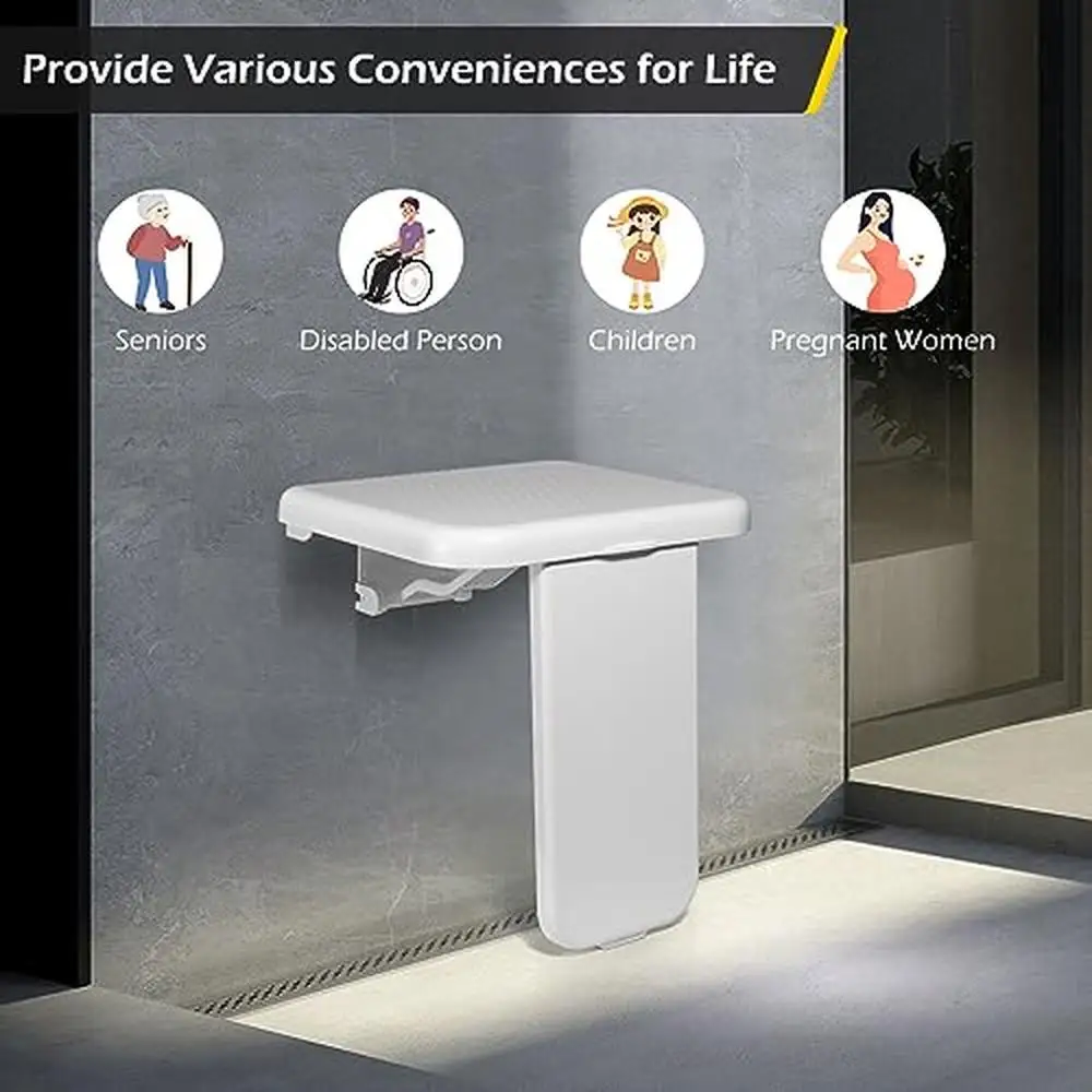 Folding Shower Seat Wall Mounted 485lbs Load-Bearing Flip-up Design Anti-slip ABS Material Seat Bathroom Hallway Sauna Room 5