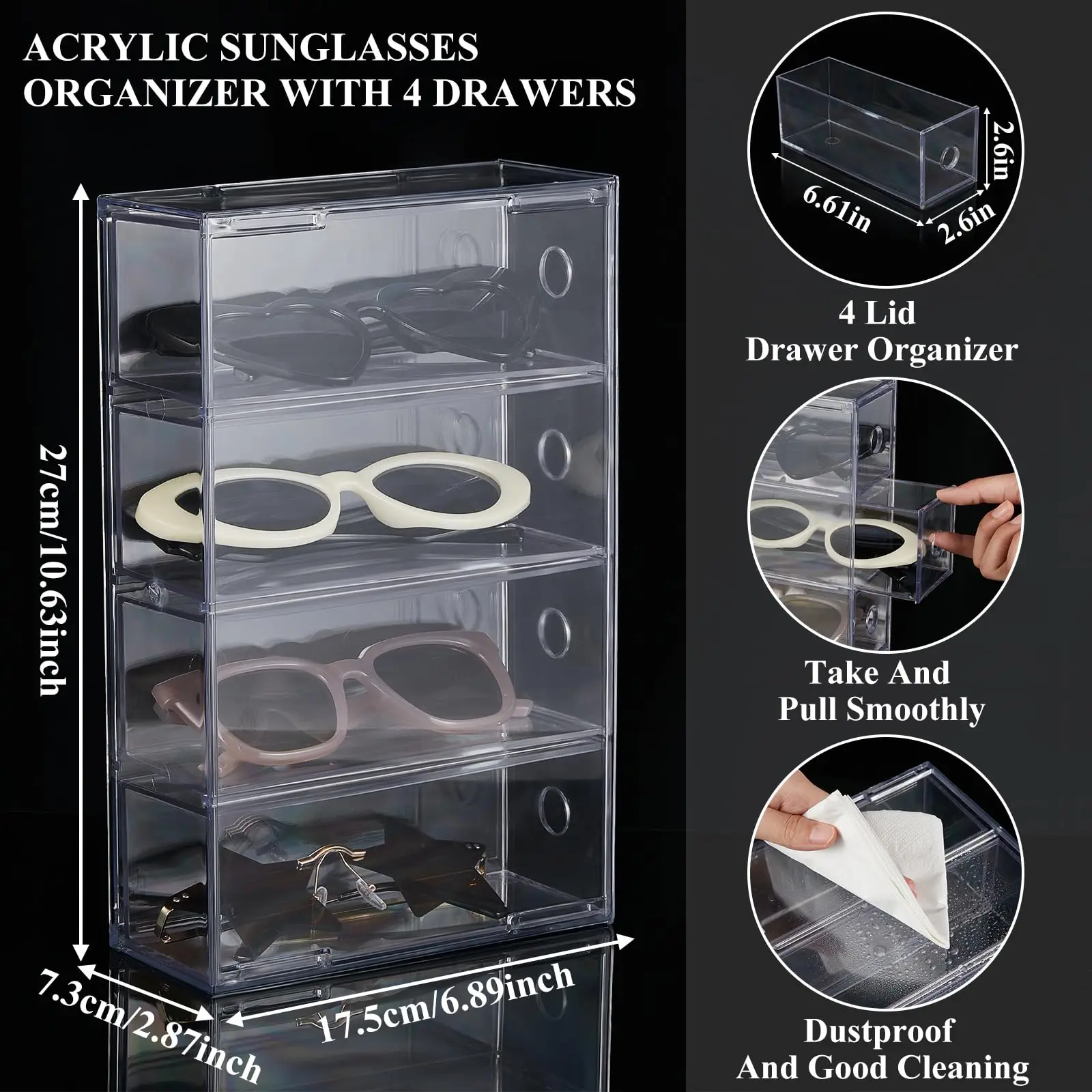 Acrylic Sunglass Organizer Clear Sunglass Holder with 4 Drawers for Women Eyewear Display Case Jewelry Watch Storage Box 5