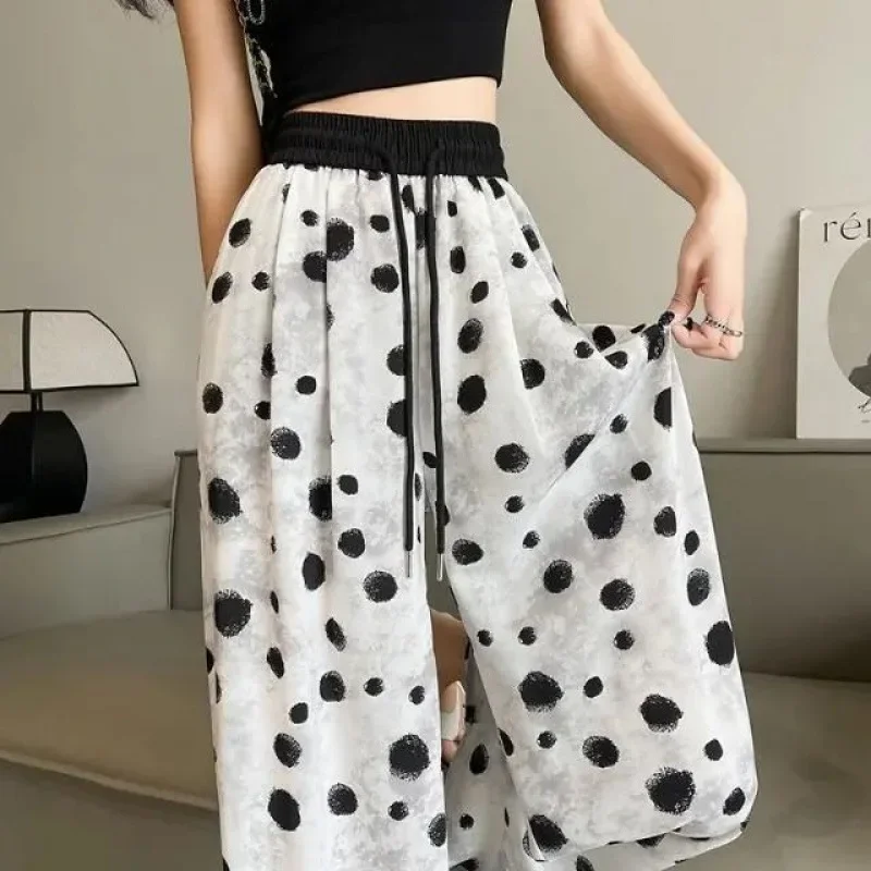Ice Silk Wide Leg Pants Women's Summer Thin Design Sun Protection Water Ink Polka Dot Print Long Trousers Special Use Clothing