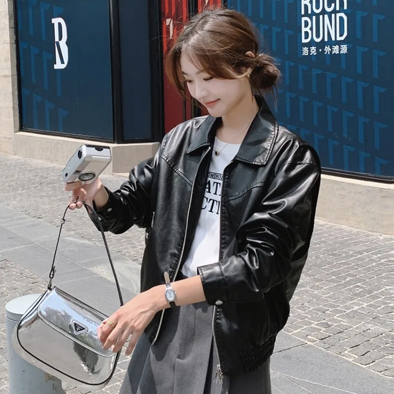 Brown Leather Jacket Short Motorcycle PU Leather Casual and Fashionable Loose Fitting Jacket