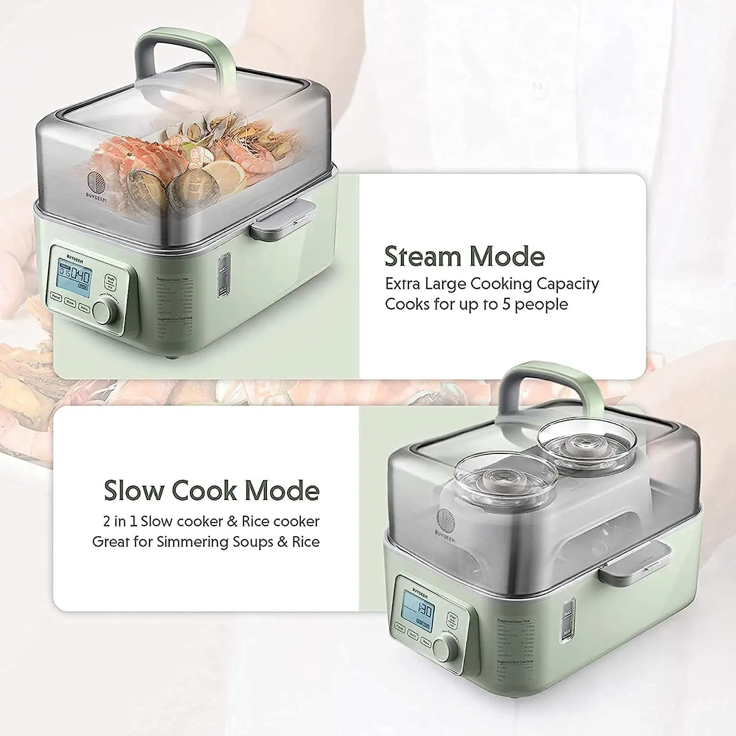 G563-A501 Electric Food Steamer for Cooking, 2 Tire Stainless Steel Steamer with Slow Cook Mode, 1500W, 10-Quart, Green