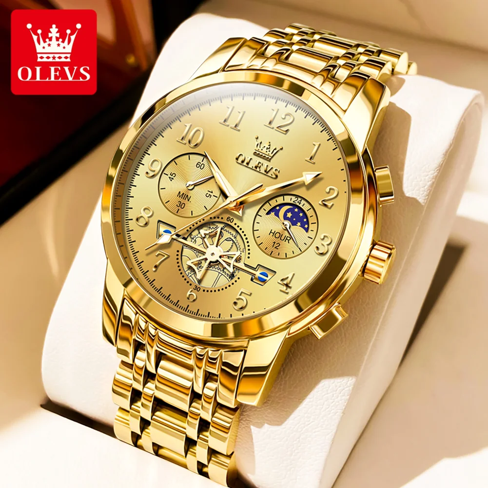 OLEVS Orologio Uomo Acciaio Inox - Cronografo, Numeri Romani, Fase Lunare, Luminoso