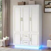 75” Tall 3 Doors Armoire Wardrobe Closet with 2 Drawers and LED Lights, Modern Closet Wardrobe Cabinet with Shelves and Hanging 1