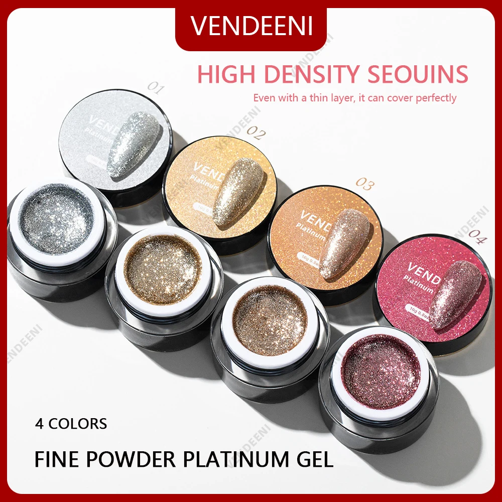 

Vendeeni 4 Colors Gold Silver Glitter Sequins Nail Gel Polish Soak Off UV LED Nail Art Design Fine Metal Platinum Gel Varnish