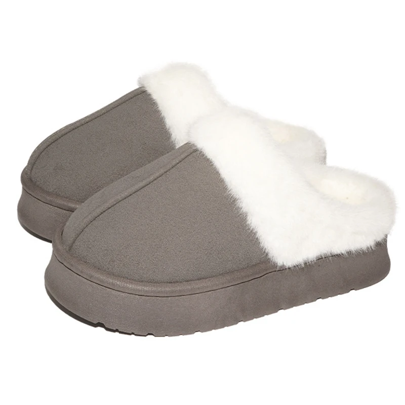 Thick Bottom Faux Fur Slippers Women Anti Slip Warm Winter Fluffy Slipeprs Woman Thicken Plush Faux Suede Snow Boots Female