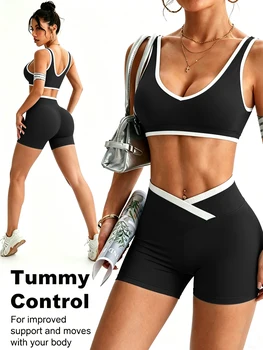 Ensemble de sport pour femme : short taille haute croisée et débardeur moulant dos nu contrastant, idéal pour la course, le fitness et le yoga
