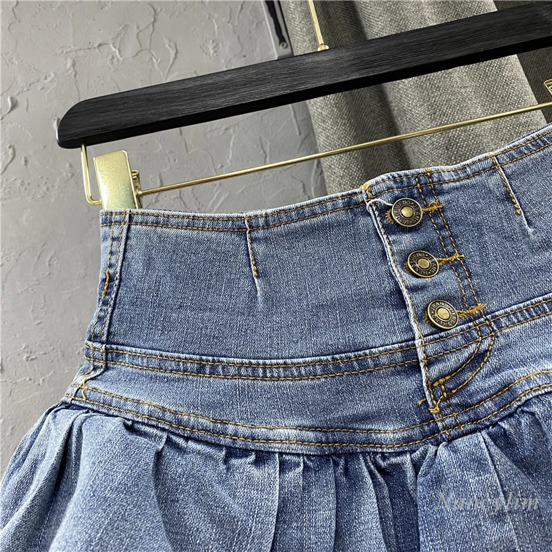 Harajuku Girl High Waist Single-Breasted Ruffles Cake Denim Skirt Woman Summer Sexy Jeans Skirts Students Kawaii Pleated Skirt 5