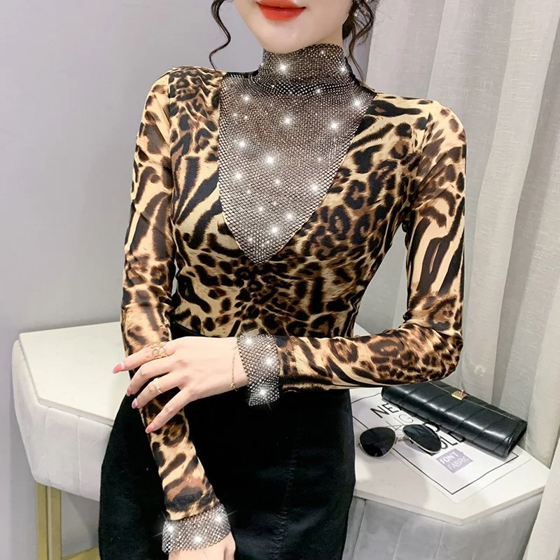 

#8182 Leopard Black Turtleneck T Shirt Women Split Joint Casual Basic T Shirt Female Split Joint Hollow Out Skinny Women T-shirt