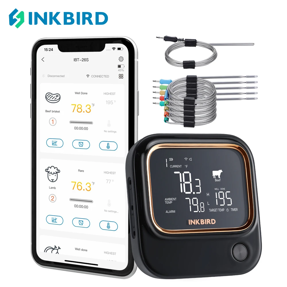 INKBIRD 바베큐 온도계 IBT-26S 블루투스 와이파이, 4/6 식품 등급 프로브 앱 제어, USDA 고기 프리셋 알람 타이머 백라이트 LCD