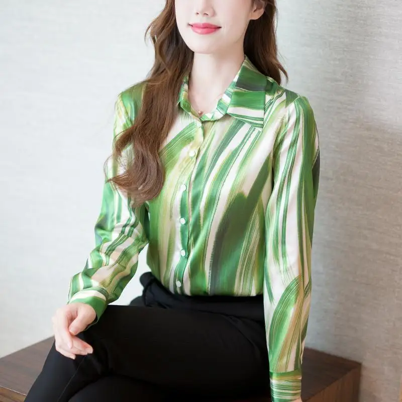 20241elegant Fashion Harajuku Slim Fit Female Clothes Casual All Match Tops Women Printed Button POLO Collar Long Sleeve Blusa