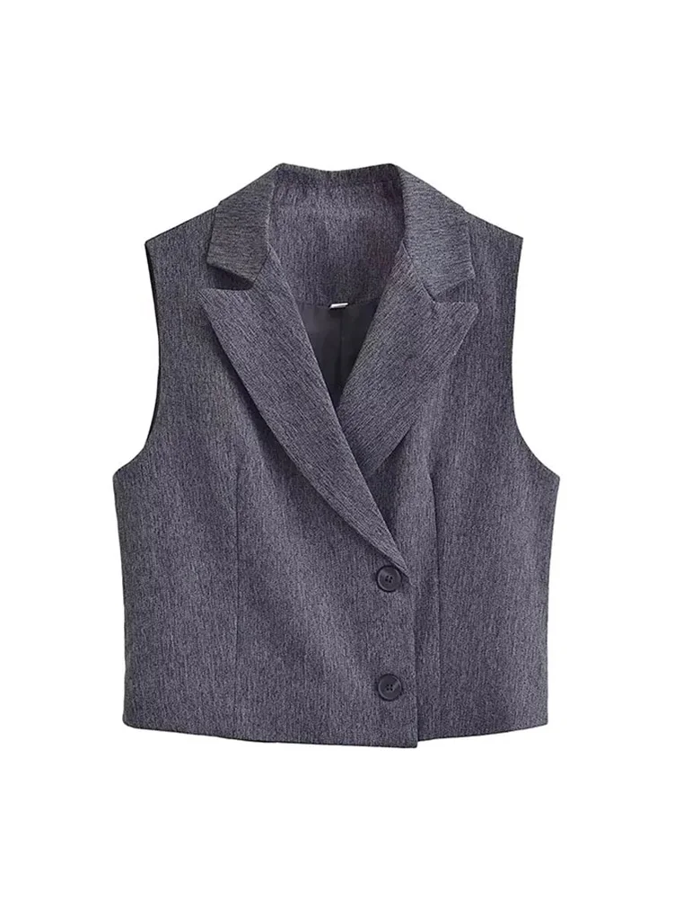 

HH TRAF Spring Women's Vintage V Neck Twill Slim Vest Casual Lapel Cropped Waistcoat Female Elegant Blazer Vest Sleeveless Top