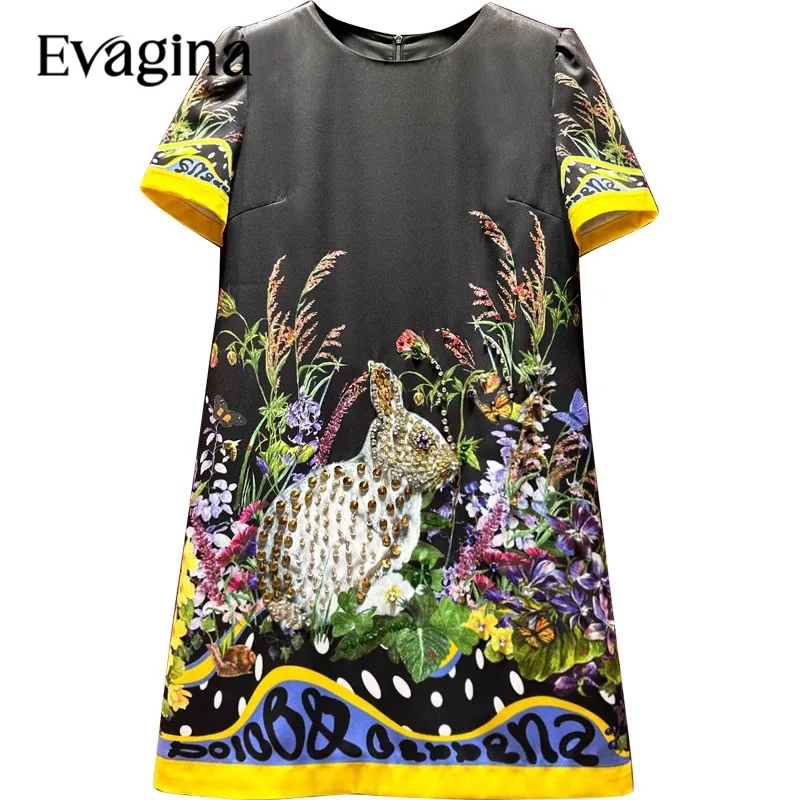 

Evagina Fashion Nail Bead Vintage Print Mini dress 2023 Spring Summer New Women's Short Sleeved Holiday Dresses