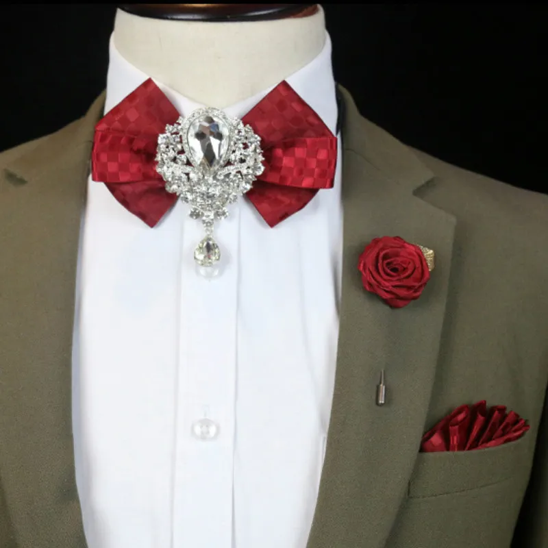 Männer Hochzeit Strass Fliege Brosche koreanische britische Geschäft formelle Kleidung Hemd Kragen Blumen Brosche Tasche Handtuch 3 stücke-Sets