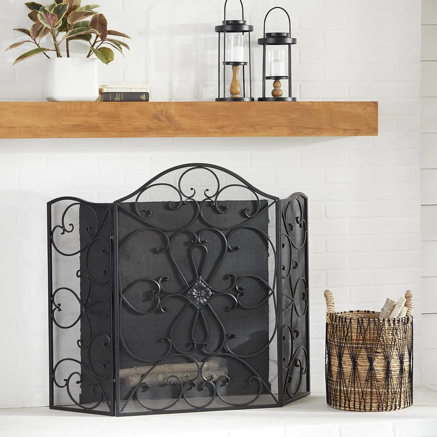 

Scroll Foldable 3 Panel Fireplace Screen with Mesh Netting, 49" x 1" x 36", Black Aire acomdicionado para cuarto Ventilador port