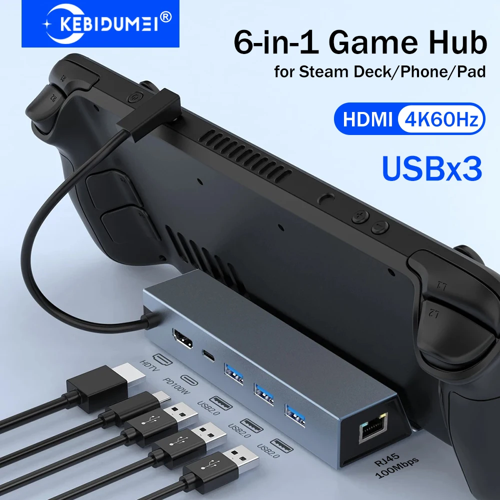 KEBIDUMEI 6-in-1 USB C 도킹 스테이션 (스팀 덱, ROG Ally, 스위치, 아이패드용) 타입 C to HDMI 4K@60Hz PD 100W 3개 USB 2.0 게임 허브 USB C Dock