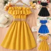 7-12 Years Elegant Evening Prom Dress Kids Summer Solid Color Ruffles Formal Pageant Princess Dress Girls Swing Dress With Belt 1